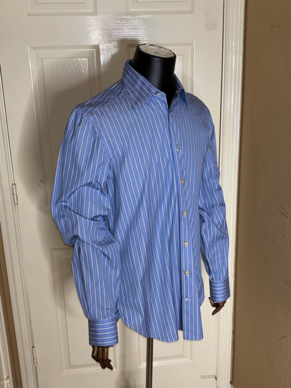 KITON 100% COTTON ITALIAN MADE DRESS SHIRT 16 1/2x33 LT BLUE & WHITE STRIPES - Picture 3 of 10